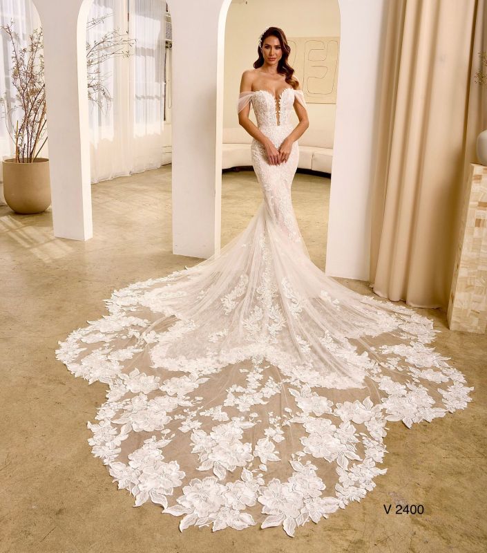 Ethereal Beach Wedding Dress with Off-the-Shoulder V-Neckline, Delicate Lace Details & Flowing A-Line Silhouette for a Romantic Bridal Look