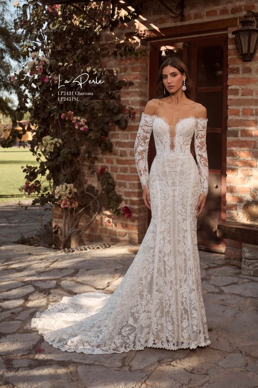 dream dress bridal and formal DreamDress By PMN Jules Fit & Flare Wedding Dress Gown Plunging Front & Back Floral Embellishment Couture Beaded Lace Chapel Train