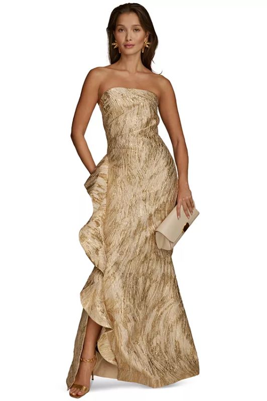 Donna Karan New York Women's Strapless Ruffle Gown, Champagne, 6 Donna Karan New York Women's Strapless Ruffle Gown, Champagne, 6